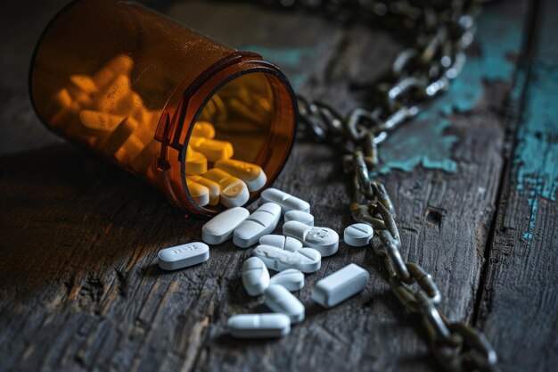 Een foto waarop pillen uit een fles vallen en verspreid worden over een metalen ketting. Een metaforische vergelijking van opioïden met vallen. AI gegenereerd