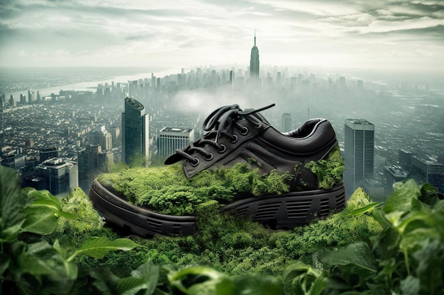 Een foto werd genomen schoen met groen en stad Carbon Footprint concept AI Generative