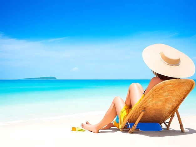 Foto een foto zomerhitte achtergrond met vrouw op het strand