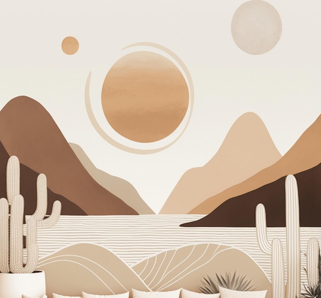 Een fotobehang van bergen en een woestijn met een zon en maan.