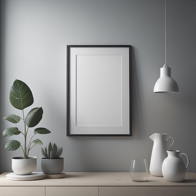 Een fotoframe die aan een muur hangt met een plant erin.