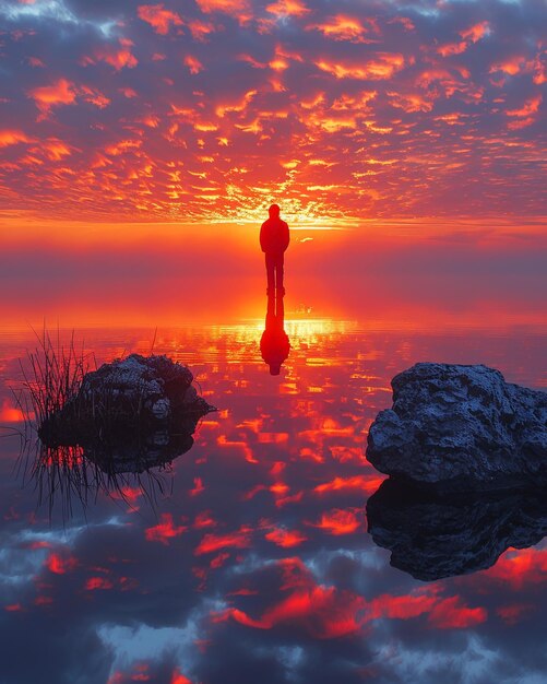 Foto een fotograaf die de achtergrond van het serenity lake vasthoudt