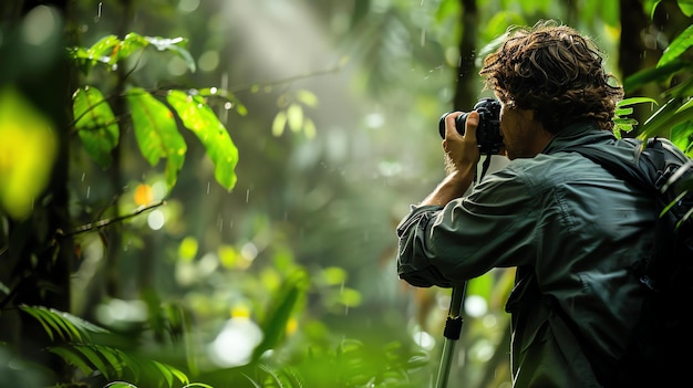 Een fotograaf in het regenwoud maakt een foto van het weelderige gebladerte