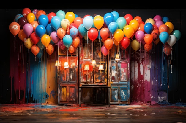 Een fotografiek van kleurrijke ballons in de hemel met oud stadsbeeld Blauwe hemel