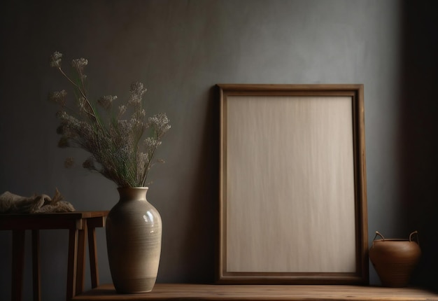 Een fotolijstje en een vaas met bloemen staan op een tafel.