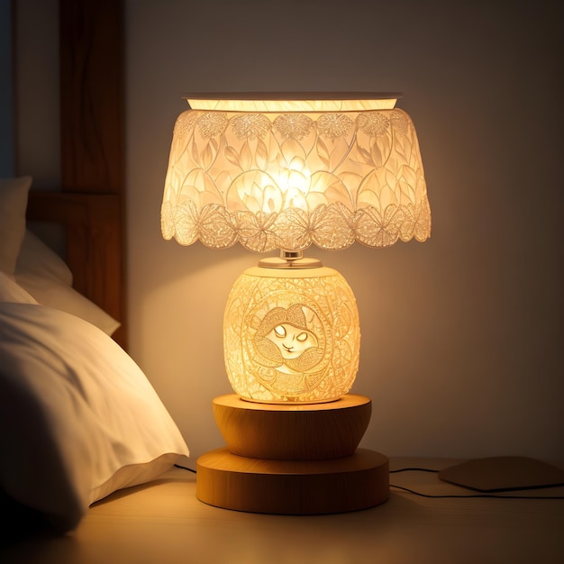 Een fotorealistisch beeld van een prachtige lamp met een vriendelijke glimlach op de lampenkap wordt gegenereerd