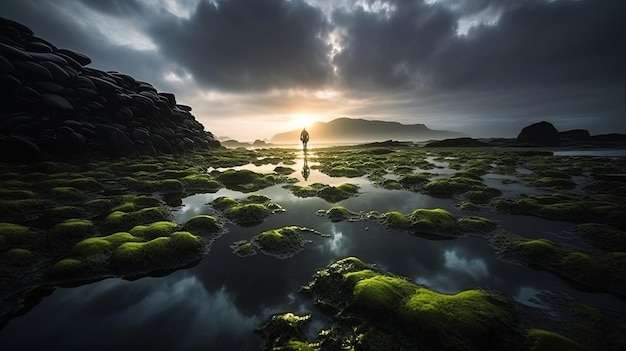 Een fotorealistisch oceaanlandschap bij zonsondergang