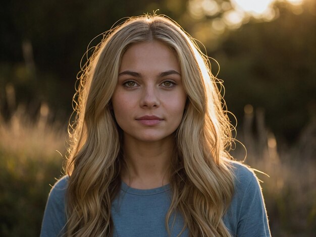 Een fotorealistisch portret van een 23-jarig Amerikaans meisje met lang vloeiend blond haar en opvallend