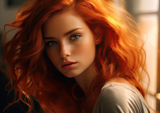 Een fotorealistisch portret van een vrouw met vurig rood haar gevangen in natuurlijk licht om te accentueren