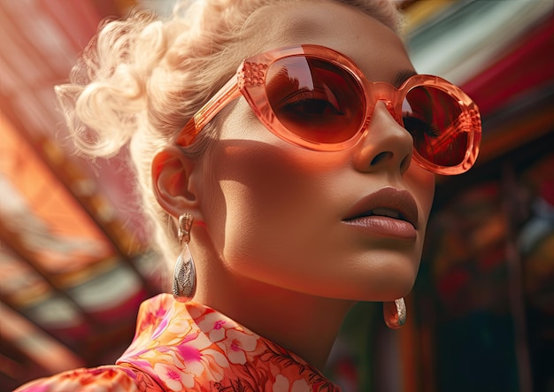 Een fotorealistisch portretfoto van een persoon die een perzikkleurige zonnebril draagt