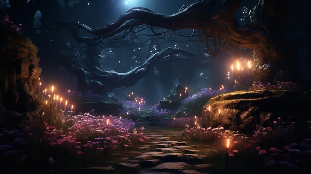 Een fotorealistische afbeelding van een pad door een donker bos Ai generatief
