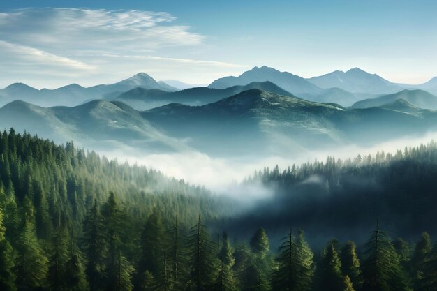 Een fotorealistische illustratie van bergenbos en een meer Generatieve Ai