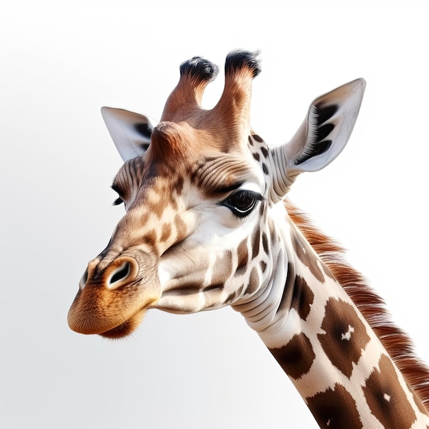 Een fotorealistische muurschildering van het hoofd van een jonge giraffe op een witte achtergrond Generatieve AI