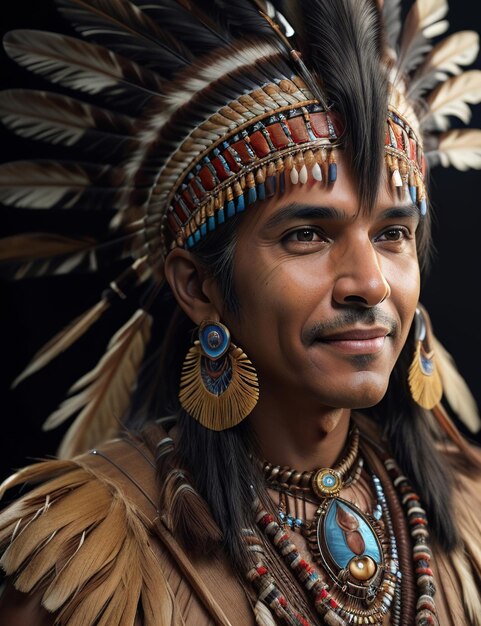 Een fotorealistische Native American Indian chief met studioverlichting op zwarte achtergrond