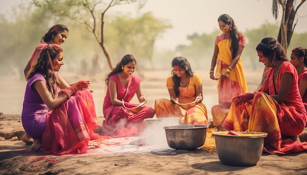 een fotoshoot in een landelijke omgeving die de traditionele manieren van het vieren van Holi in het land vasthoudt