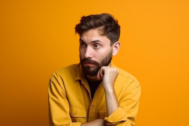 een fotoshoot van een man op een achtergrond met een effen kleur met uitdrukking op het gezicht van walging