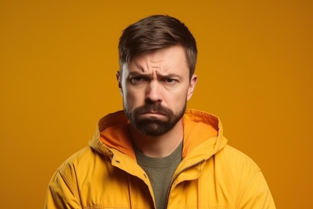 een fotoshoot van een man op een achtergrond met een effen kleur met uitdrukking op het gezicht van walging