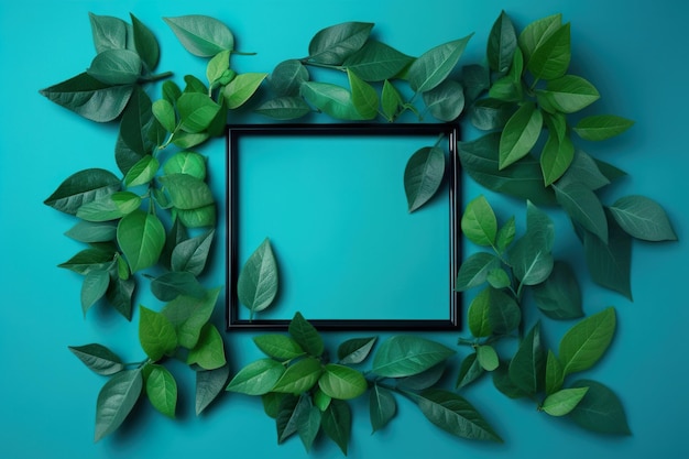 Een frame gemaakt van bladeren op een blauwe achtergrond