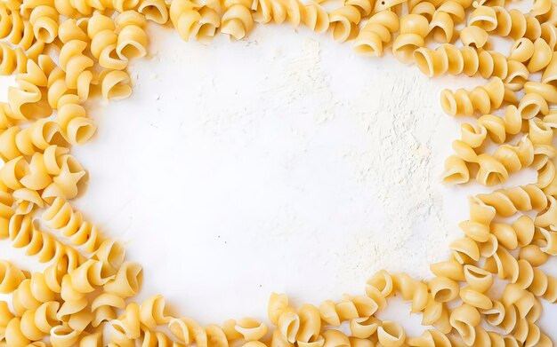 Een frame gemaakt van ongekookte Fusilli-pasta verspreid over een witte tafel