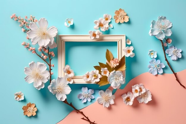 Een frame met bloemen op een blauwe achtergrond