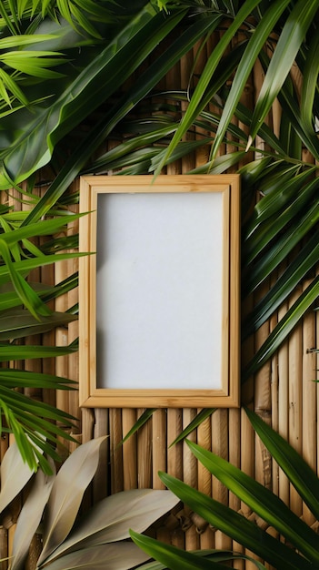 Foto een frame met een houten frame op een bamboe achtergrond