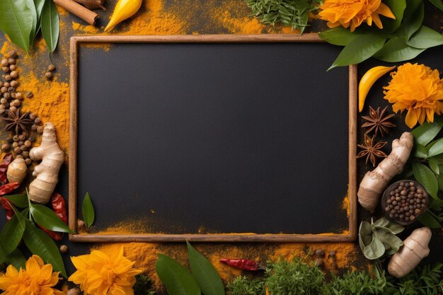 Foto een frame met gele bloemen en een zwarte tv erop