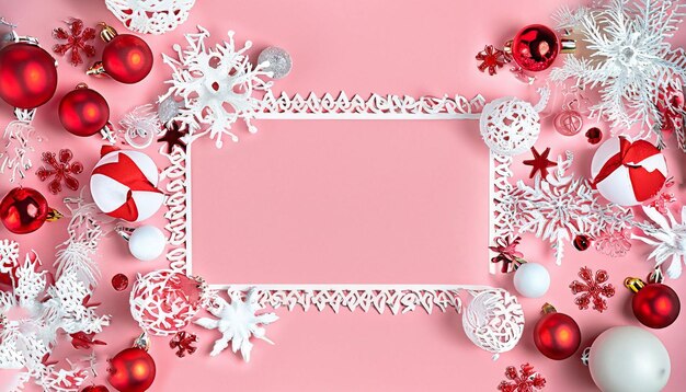 Een frame met kerstversieringen op een roze achtergrond