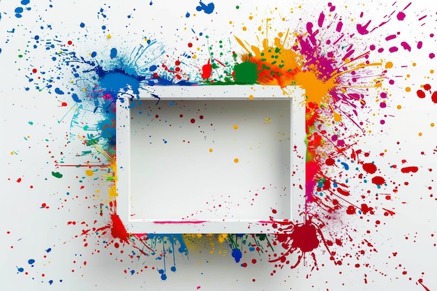 een frame met kleurrijke verf erop en een witte achtergrond met kleurrige splashes Ai foto