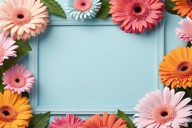 een frame van bloemen met een blauwe achtergrond met een frame dat daisy zegt