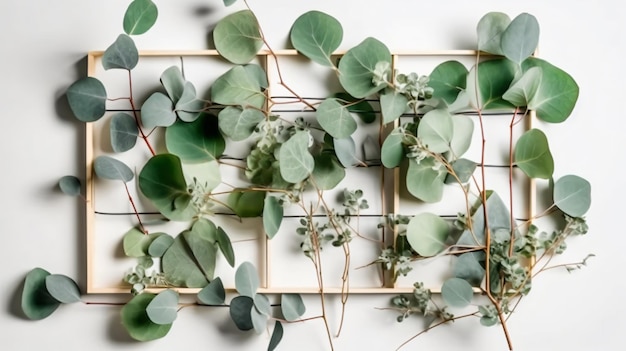 Foto een frame van eucalyptusbladeren met een witte achtergrond.