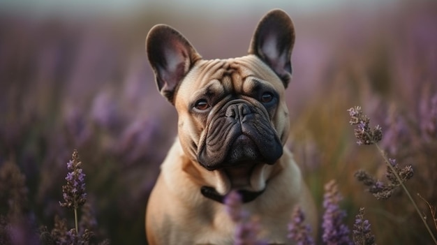 Een franse buldog zit in een lavendelveld