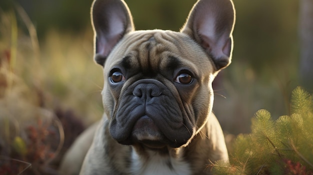 Een franse buldog zit in het gras.