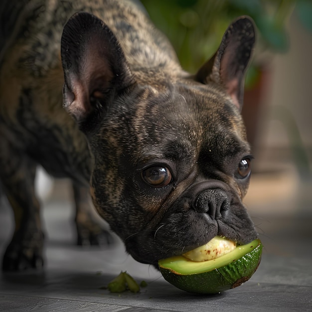 Foto een franse bulldog die avocado eet