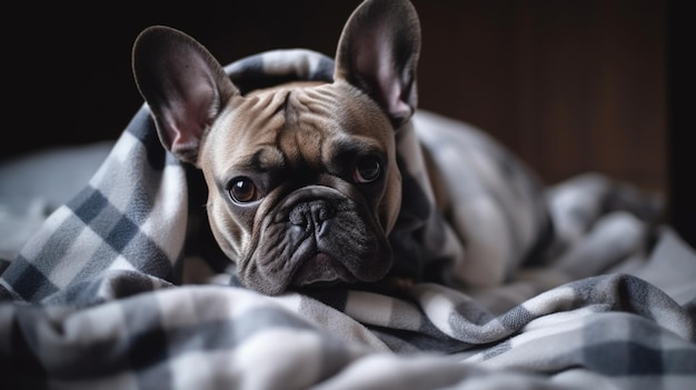 Een franse bulldog gewikkeld in een deken