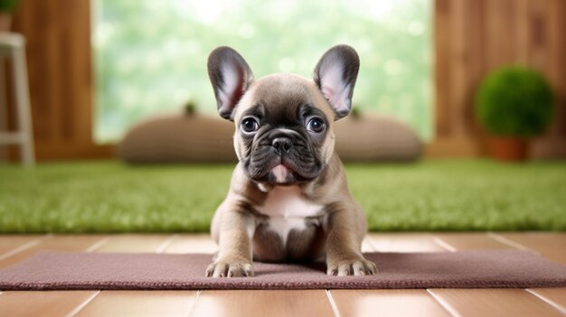 Een franse bulldog-puppy zit op een kleed voor een raam