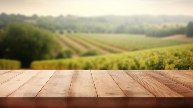 Een Franse wijngaard dient als de bewolkte basis voor een schone houten tafel Creative resource AI Generated