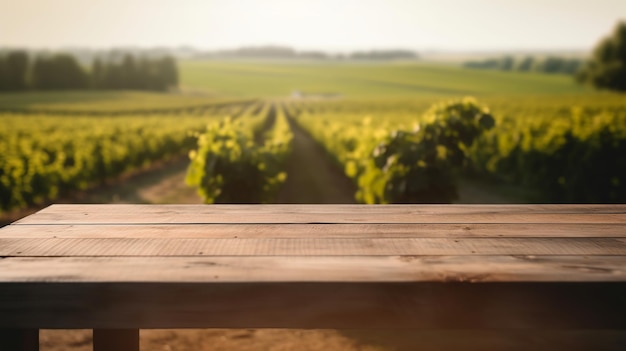 Een Franse wijngaard dient als het bewolkte etablissement voor een schone houten tafel Creatieve bron AI gegenereerd