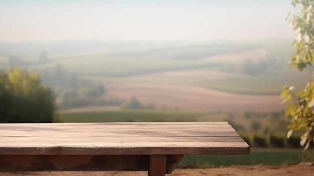 Een Franse wijngaard dient als het bewolkte etablissement voor een schone houten tafel Creatieve bron AI gegenereerd