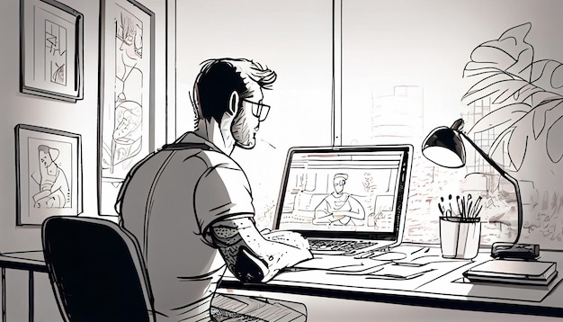 Een freelancer man werkt achter een laptop Thuiskantoor werkplek