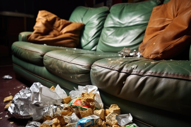 Foto een frisdrankblikje verpletterd tussen lege chipszakjes op een bank