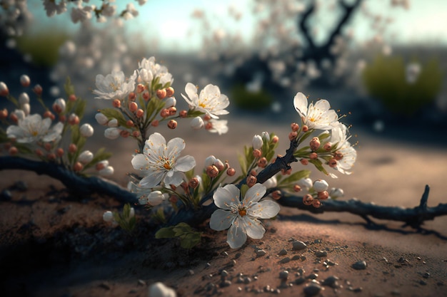 Een frisse kijk op de lentekersenbloesems in bloei met nieuw leven dat op de grond ontspruit,
