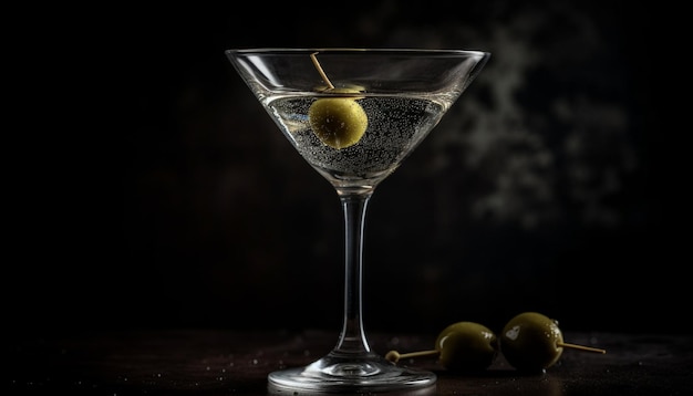 Een frisse martini met olijven, gin en vermout, elegant geserveerd door AI