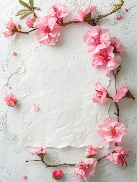 Een frisse rangschikking van roze kersenbloesems op een witte gebarsten textuur die de schoonheid van de lente benadrukt