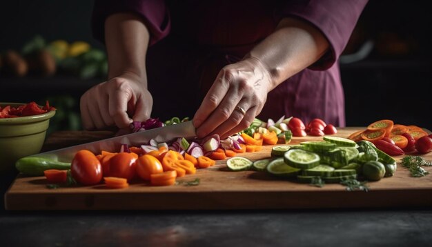 Een frisse vegetarische salade bereid met biologische ingrediënten op een door AI gegenereerde snijplank