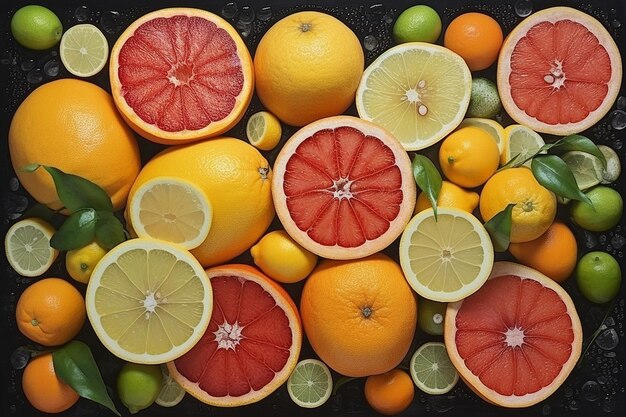 Een front view gesneden citrusvruchten zoals citroenen en grapefruits samen met koffiezaden in het donker