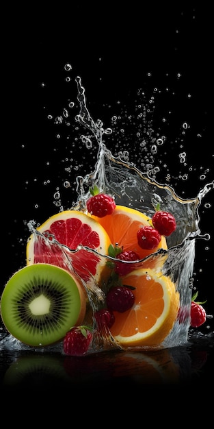 Een fruit dat in een glas spat met water eromheen.