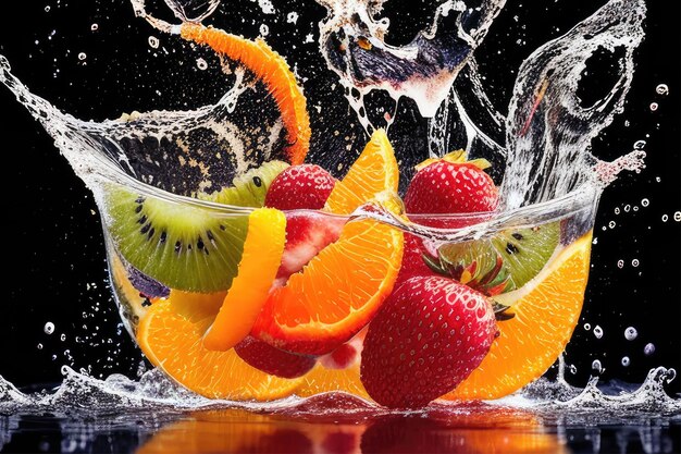 Een fruitbak vol water en fruit.