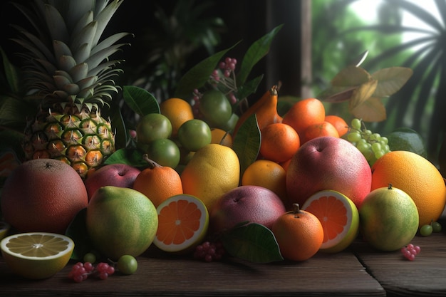 Een fruitdisplay met veel fruit erop