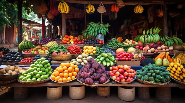 een fruitkraam met tentoongestelde groenten en fruit.