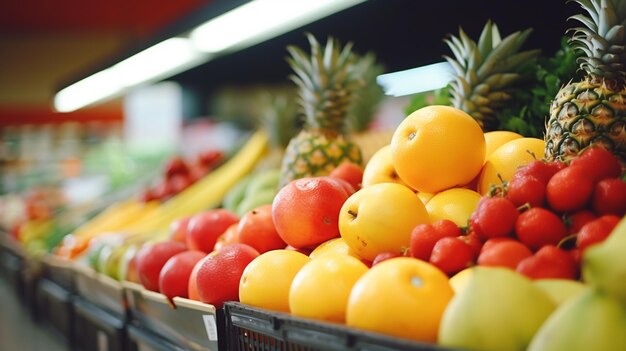 een fruitmand met onder meer een ananas, tomaten en bananen.